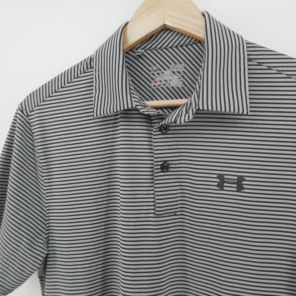 Under Armour Polo Shirt Mens Small Gray Striped HeatGear Loose Fit Short Sleeve